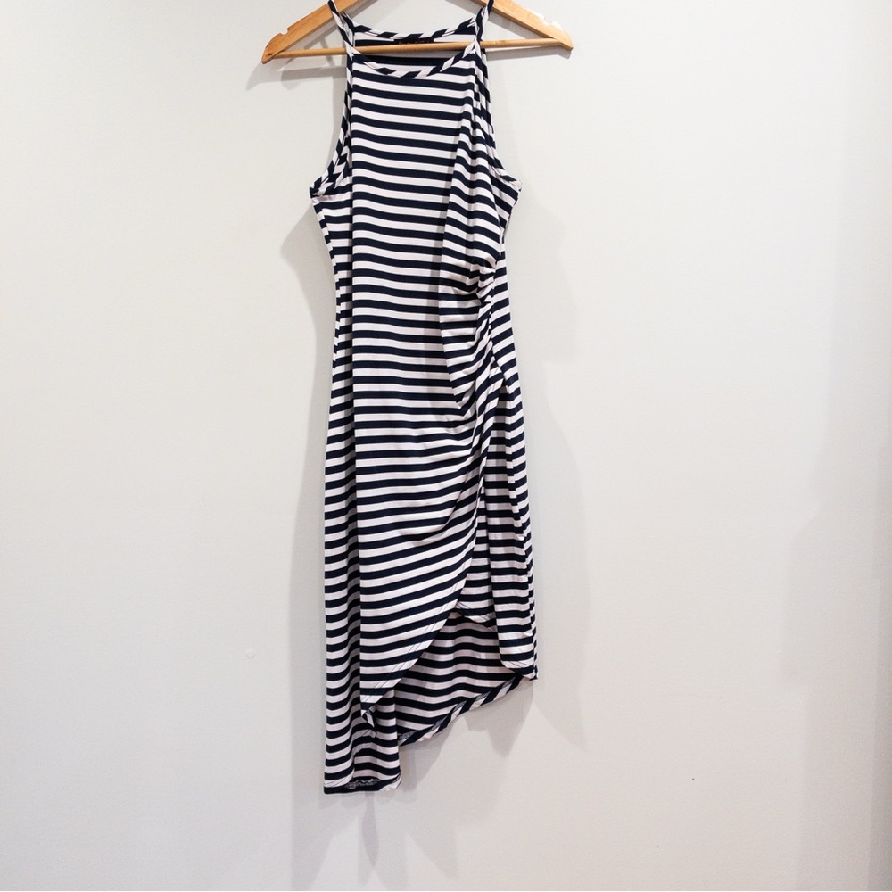 Elia Cher Navy White Stripe Drape Front High Neck Cami Midi Dress Large